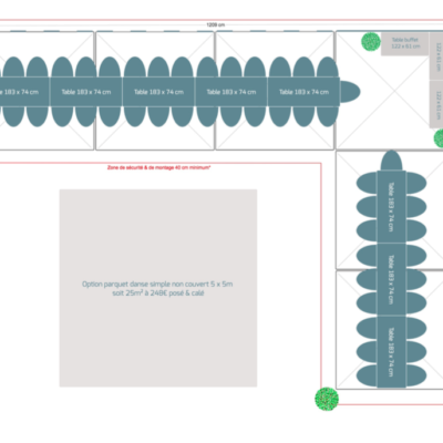 Pack réception 50 personnes – Tables rectangulaires – Option Parquet Danse