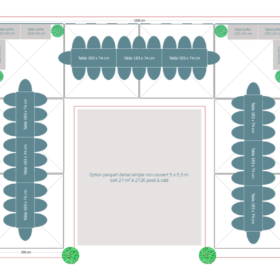 Pack réception 60 personnes – Tables rectangulaires – Option Parquet Danse