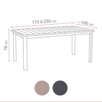 Dimensions Table CANNES Grosfillex 173-233x100cm Havane
